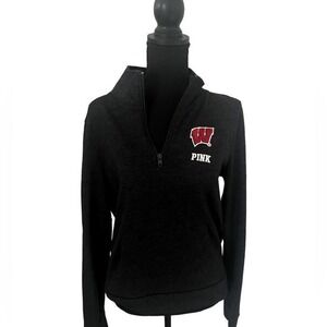 Victoria Secret Pink Wisconsin Colligate Sequin Logo 1/2 Zip Sweatshirt Size M